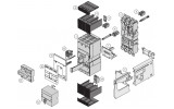 Схема сборки дополнительных устройств к ВА88 IEK: 1 — автоматический выключатель серии ВА88; 2 — неподвижная часть (цоколь) для втычного/выдвижного варианта; 3 — боковые элементы для выдвижного варианта; 4 — межфазные перегородки; 5 — присоединительные выводы; 6 — втычные контакты; 7 — блокировочный узел; 8 — крышка зажимов; 9 — крышка корпуса; 10 — фальшпанель; 11 — ручной поворотный привод; 12 — электропривод; 13 — независимый расцепитель/расцепитель минимального напряжения; 14 — дополнительные/аварийные контакты изображение