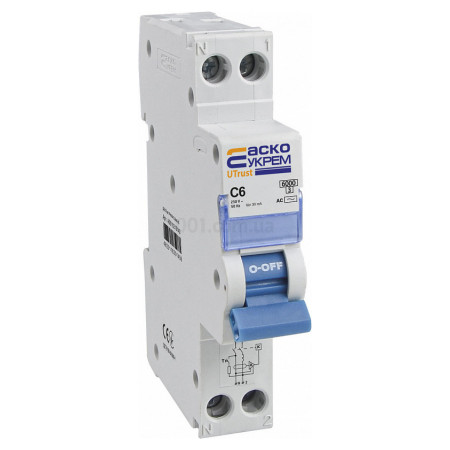 Диференційний автоматичний вимикач UTrust 1P+N (18 мм) 6А C 30мА тип AC, АСКО-УКРЕМ (A0010210142) фото