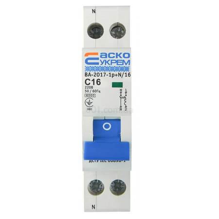 Автоматичний вимикач ВА-2017 1P+N 16А характеристика C, АСКО-УКРЕМ (A001017001012) фото