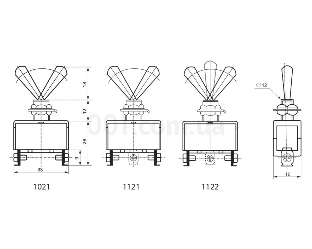 Габаритні розміри тумблерів 1021, 1121, 1122 АСКО-УКРЕМ зображення