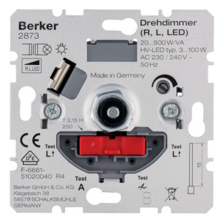 Поворотно-нажимной диммер "Soft" LED/КЛЛ 3-100Вт, решта ламп 20-500Вт, Berker (2873) фото