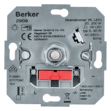 Диммер поворотный 230В ЛН/ВВГЛ 60-400Вт, LED 3-40Вт, Berker (2909) фото