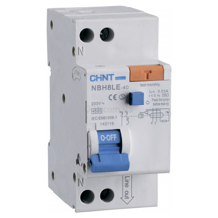 Диференційний автоматичний вимикач NBH8LE-40 1P+N C6 30мА тип АС 4,5кА, CHINT (206060) фото