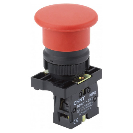 Кнопка пластиковая "грибок" d40мм с самовозвратом без подсветки красная 1НЗ IP40 NP2-EC42, CHINT (573896) фото
