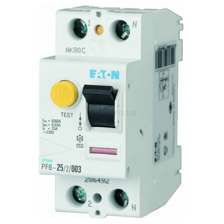 Пристрій захисного відключення (ПЗВ) PF6-25/2/003 2P 25 А 30 мА тип AC, Eaton (Moeller) (286492) фото