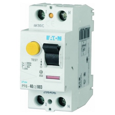 Пристрій захисного відключення (ПЗВ) PF6-40/2/003 2P 40 А 30 мА тип AC, Eaton (Moeller) (286496) фото