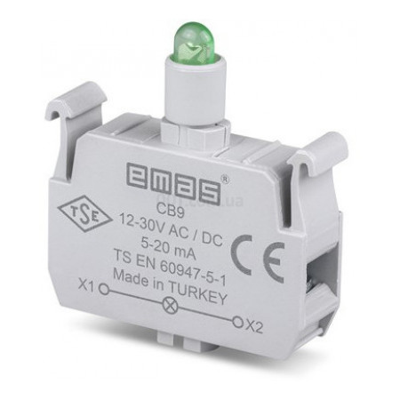 Блок-контакт подсветки 12-30В AC/DC с зеленым светодиодом для серии CP/CM, EMAS (CB9) фото