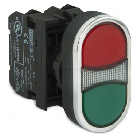 Кнопка здвоєна велика (1НВ+1НЗ) червоно-зелена (серія B), EMAS (B102B20KY) фото