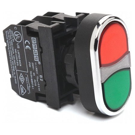 Кнопка здвоєна з блок-контактом підсвічування без лампи (1НВ+1НЗ) червоно-зелена (серія B), EMAS (B132K20KY) фото