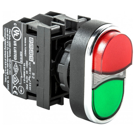 Кнопка здвоєна виступаюча з блок-контактом підсвічування без лампи (1НВ+1НЗ) червоно-зелена (серія B), EMAS (B132K21KY) фото