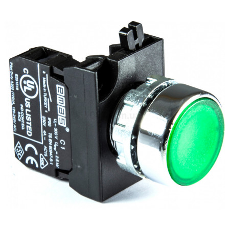 Кнопка натискна кругла (1НВ) метал IP65 зелена (серія CM), EMAS (CM100DY) фото