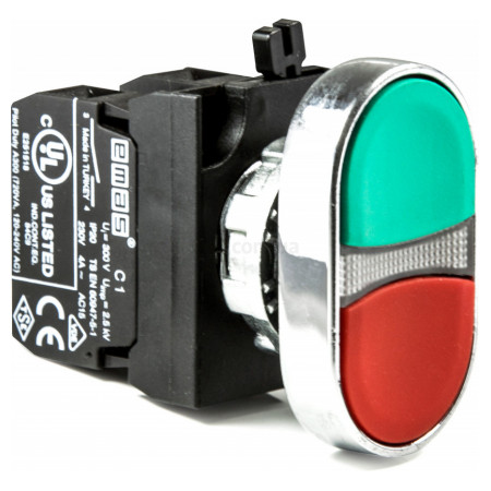 Кнопка сдвоенная (1НО+1НЗ) металл IP65 красно-зеленая (серия CM), EMAS (CM102K20KY) фото