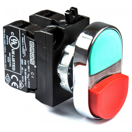 Кнопка сдвоенная выступающая (1НО+1НЗ) металл IP65 красно-зеленая (серия CM), EMAS (CM102K21KY) фото