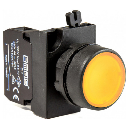 Кнопка нажимная круглая (1НО) пластик IP65 желтая (серия CP), EMAS (CP100DS) фото