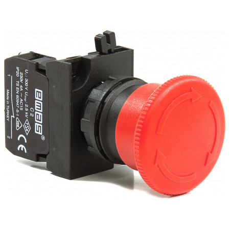Кнопка "грибок" аварийная d=40мм с фиксацией (возврат поворотом) 1НЗ пластик IP65 (серия CP), EMAS (CP200E) фото