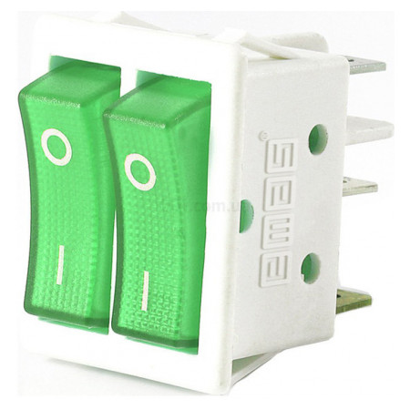 Выключатель двухклавишный на 2 положения с подсветкой прямоугольный зеленый, EMAS (A12W1Y11) фото