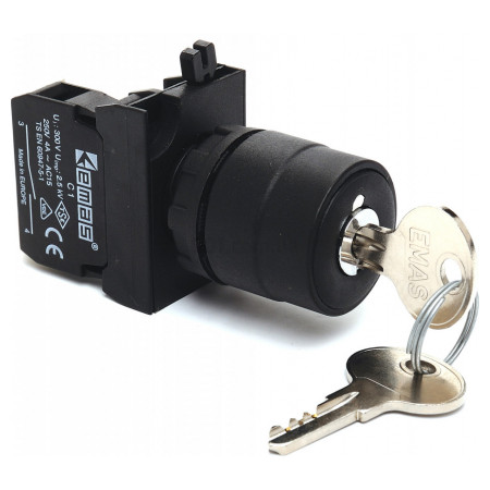 Перемикач на 2 положення з ключем (виймається в положеннях 0 та 1) 1НВ пластик IP65 (серія CP), EMAS (CP100AC20) фото
