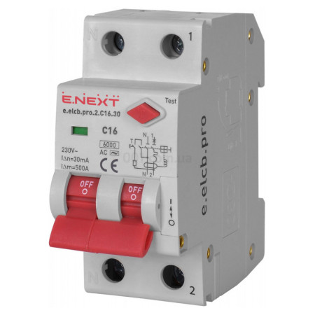 Автоматичний вимикач диференційного струму (дифавтомат) e.elcb.pro.2.C16.30, 2P 16 А 30 мА хар-ка C, E.NEXT (p0620002) фото