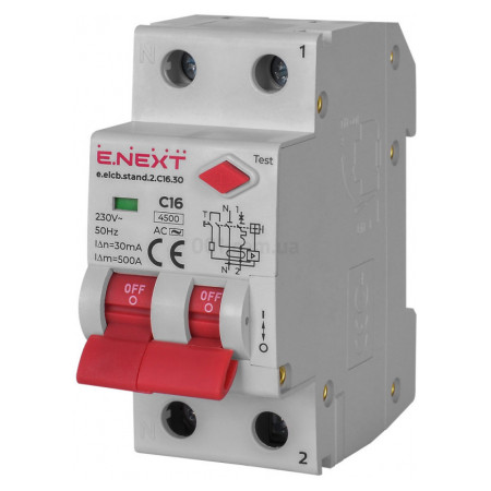 Автоматический выключатель дифференциального тока (дифавтомат) e.elcb.stand.2.C16.30, 2P 16 А 30 мА хар-ка C, E.NEXT (p0620006) фото