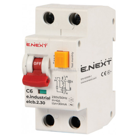 Автоматичний вимикач диференційного струму (дифавтомат) e.industrial.elcb.2.C06.30, 2P 6 А 30 мА хар-ка C, E.NEXT (i0230001) фото