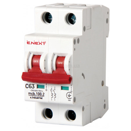 Автоматичний вимикач e.industrial.mcb.100.2.C63, 2P 63 А характеристика C, E.NEXT (i0180018) фото