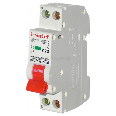 Автоматичний вимикач e.mcb.pro.60.1N.С20.thin, 1P+N 20 А характеристика C, E.NEXT (p055002) фото