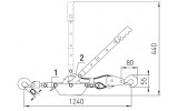 Габаритные размеры лебедки для натяжения кабеля e.winch.tightener.2000 E.NEXT: 1 - стопор; 2 - упорные пальцы с перекидной пружиной. изображение