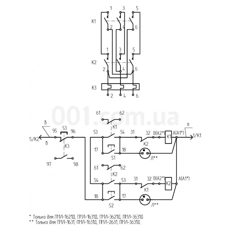 Пускач реверсивний ПМЛ-1621 О*2Б 10А 220В (AC) 1НВ+2НЗ з тепловим реле ...