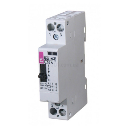 Контактор модульний R 20-10-R 20A 230V AC 1NO з ручним керуванням, ETI (2464032) фото