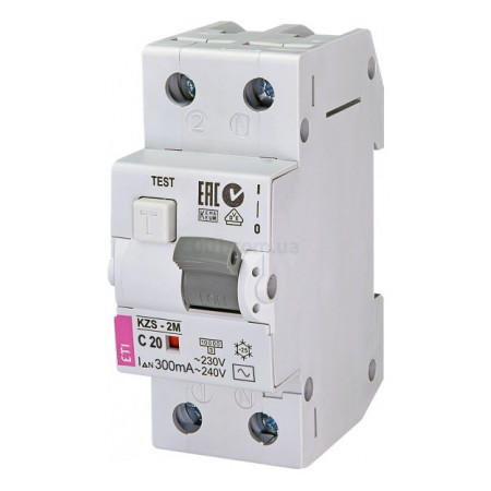 Дифференциальный автоматический выключатель KZS-2M C 20/0,3 тип AC (10kA), ETI (2173325) фото