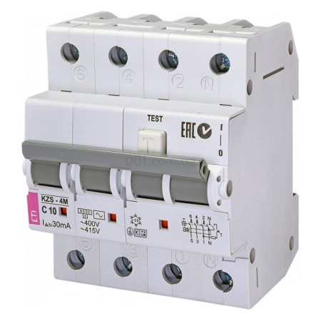 Дифференциальный автоматический выключатель KZS-4M C 10/0,03 тип AC (6kA), ETI (2174022) фото