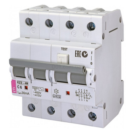 Дифференциальный автоматический выключатель KZS-4M C 6/0,03 тип AC (6kA), ETI (2174021) фото