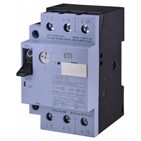 Автоматический выключатель защиты двигателя MSP0-1,6 (0,37-0,55 kW, 1.0-1.6A), ETI (4646620) фото