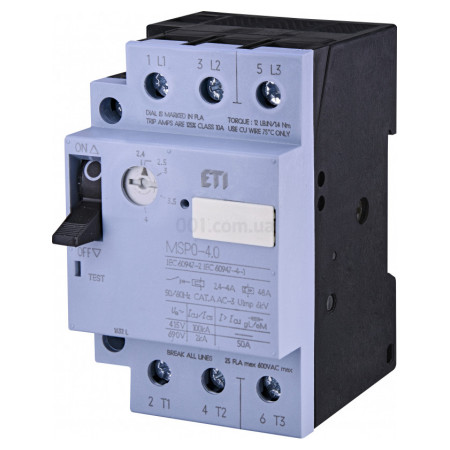 Автоматический выключатель защиты двигателя MSP0-4,0 (1,1-1,5 kW, 2.4-4A), ETI (4646622) фото