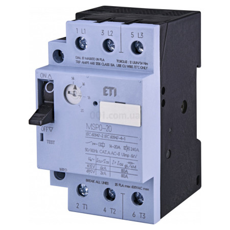 Автоматичний вимикач захисту двигуна MSP0-20 (7,5-9 kW, 14-20A), ETI (4646626) фото
