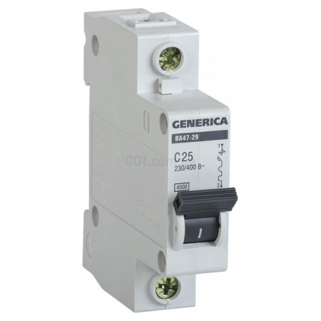 Автоматичний вимикач ВА47-29 1P 25А 4,5кА тип C, GENERICA (MVA25-1-025-C) фото