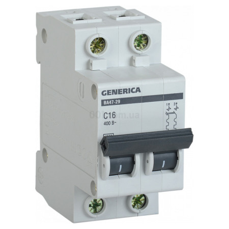 Автоматичний вимикач ВА47-29 2P 16А 4,5кА тип C, GENERICA (MVA25-2-016-C) фото