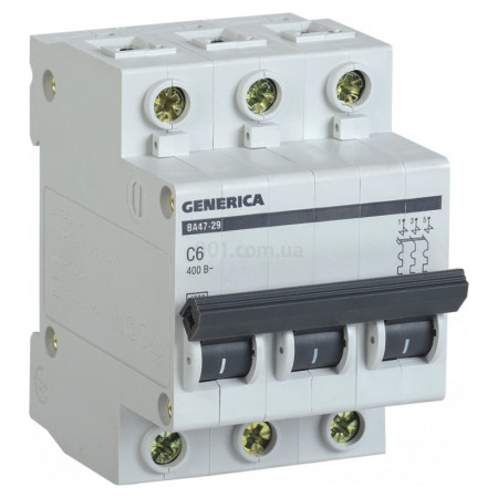 Автоматичний вимикач ВА47-29 3P 6А 4,5кА тип C, GENERICA (MVA25-3-006-C) фото