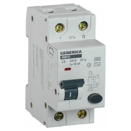 Автоматический выключатель дифференциального тока АВДТ32 2P хар-ка C 6А 30мА, GENERICA (MAD25-5-006-C-30) фото