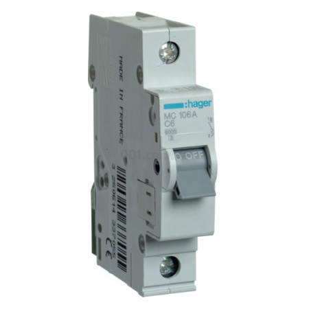 Автоматичний вимикач MC106A 1P 6kA C-6A 1M, Hager фото