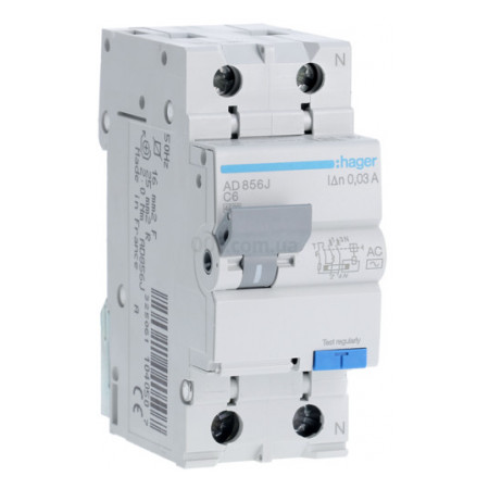 Диференційний автоматичний вимикач AD856J 1P+N 4.5kA C-6A 30mA тип AC, Hager фото