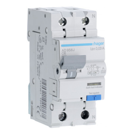 Диференційний автоматичний вимикач AD956J 1P+N 6kA C-6A 30mA тип A, Hager фото