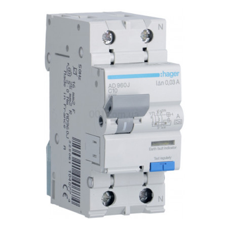 Диференційний автоматичний вимикач AD960J 1P+N 6kA C-10A 30mA тип A, Hager фото