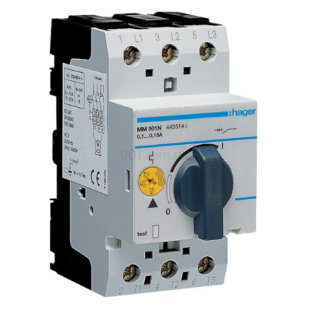 Автоматичний вимикач для захисту двигуна 0.1-0.16А 2.5М, Hager (MM501N) фото
