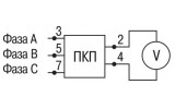 Схема включення вольтметра для вимірювання лінійних напруг за допомогою перемикачів кулачкових ПКП...-53/... IEK зображення