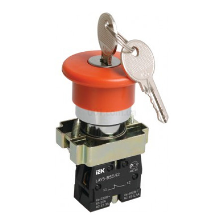 Кнопка управления LAY5-BS142 "грибок" с ключом d22 мм красная 240В 1з+1р, IEK (BBG50-LAY5-K04) фото