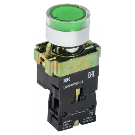 Кнопка управления LAY5-BW3361 с подсветкой зеленая 1з, IEK (BBT50-BW-K06) фото
