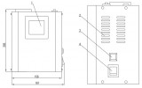 Габаритні розміри стабілізатора напруги Boiler IEK (передня і бічна ліва панель): 1 - дисплей; 2 - вентиляційні отвори; 3 - кнопка встановлення затримки часу включення вихідної напруги; 4 - клавішний вимикач «МЕРЕЖА» зображення