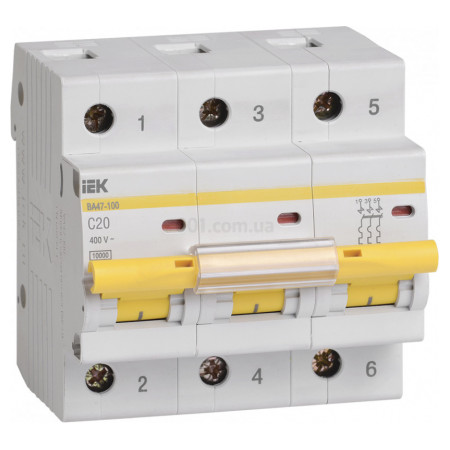 Автоматический выключатель ВА47-100 3P 20А х-ка C, IEK (MVA40-3-020-C) фото
