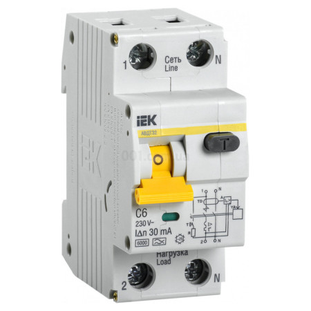 Автоматичний вимикач диф. струму АВДТ32 2P 6 А 30 мА хар-ка C тип A, IEK (MAD22-5-006-C-30) фото